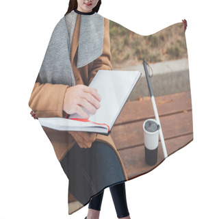 Personality  Cropped View Of Blind Man Reading Book With Braille Font Beside Walking Stick And Thermo Mug On Bench Hair Cutting Cape