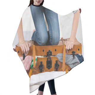 Personality  Young Woman Packing Suitcase On Bed Hair Cutting Cape