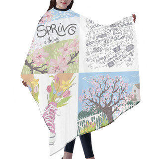 Personality  Cherry Blossom In Spring, Sakura Tree Growing In Yard. Garden With Plants In Pots, Seasonal Flourishing And Flora. Sneakers With Tulips And Bouquets, March And April Months. Vector In Flat Style Hair Cutting Cape