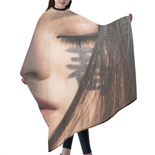 Personality  Close Up View Of Japanese Woman With Hieroglyphs And Closed Eye Hair Cutting Cape