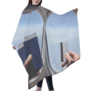 Personality  Collage Of Man Holding Credit Card And Passports Near Porthole In Airplane Hair Cutting Cape