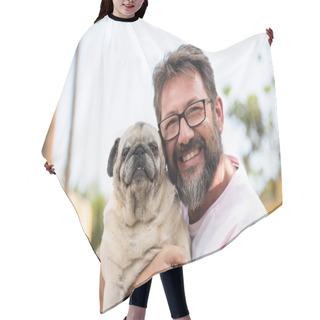 Personality  Funny And Happy Portrait Of Young Handsome Adult Man And Best Friend Forever Together Dog Pug Both Looking On Camera Hair Cutting Cape