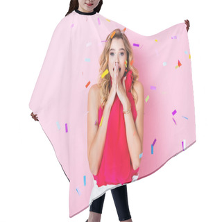 Personality  Elegant Shocked Woman In Crown Under Confetti On Pink Background  Hair Cutting Cape