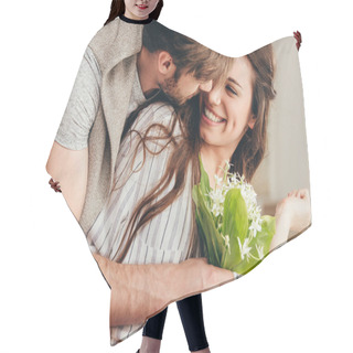 Personality  Close-up Shot Of Young Man Presenting Flowers Bouquet To Girlfriend Hair Cutting Cape