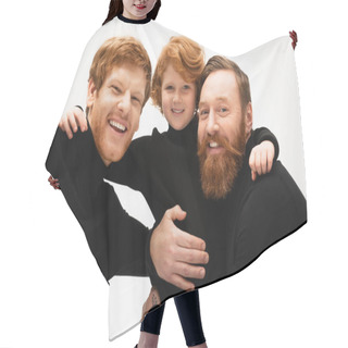 Personality  Joyful Redhead Boy With Father And Bearded Granddad Embracing While Looking At Camera Isolated On Grey Hair Cutting Cape