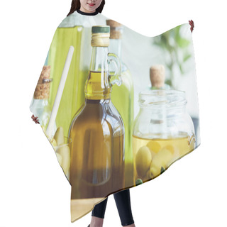 Personality  Glass With Spoon And Green Olives, Jar, Various Bottles Of Aromatic Olive Oil With And Branches On Wooden Tray Hair Cutting Cape