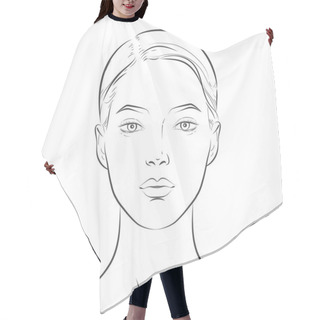 Personality  Woman Face. Black And White Line Sketch Front Portrait Hair Cutting Cape