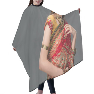 Personality  Cropped View Of Indian Woman Posing In Traditional Sari And Accessories, Isolated On Grey  Hair Cutting Cape