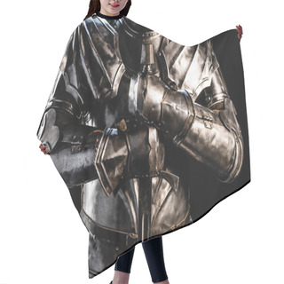 Personality  Cropped View Of Knight In Armor Holding Sword Isolated On Black  Hair Cutting Cape