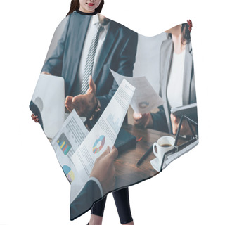 Personality  Investor Holding Documents Near Business People, Laptop And Coffee On Blurred Background  Hair Cutting Cape