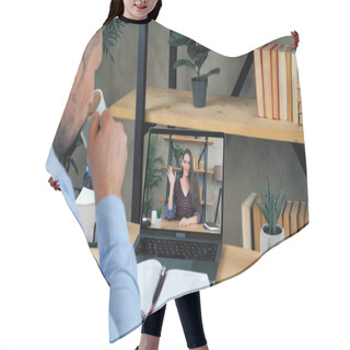 Personality  Woman Tutor In Laptop Screen Greets Teaches By Remote Webcam, Distance Education Hair Cutting Cape