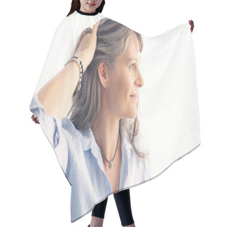 Personality  Portrait Of A Middle Aged Woman With Grey Hair Hair Cutting Cape