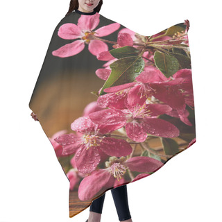 Personality  Close-up Shot Of Beautiful Pink Cherry Blossom Lying On Wooden Surface Hair Cutting Cape