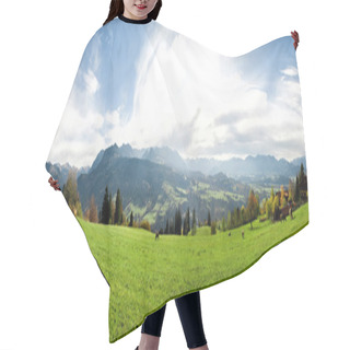 Personality  Panoramic View In Alps With Cattle Eating Grass Hair Cutting Cape