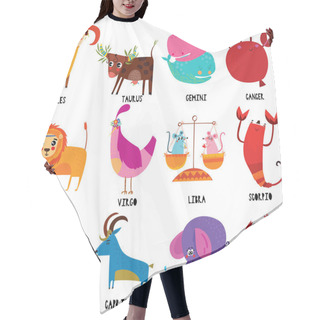 Personality  Set Illustration With Cartoon Zodiac Signs.Funny Characters Set For Your Design In Different Poses. Hair Cutting Cape