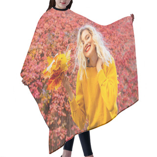 Personality  Portrait Of Cheerful Young Woman With Autumn Leafs In Front Of Foliage Making Selfie Hair Cutting Cape