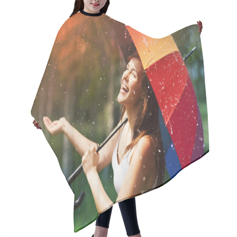 Personality  Woman with umbrella checking for rain hair cutting cape