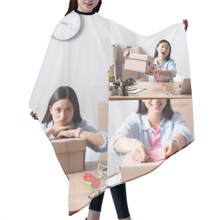 Personality  Collage Of Asian Volunteer Looking At Camera, Holding Carton Box And Pasting Sticker On Package On Blurred Background Hair Cutting Cape