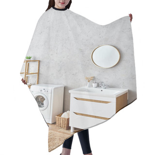 Personality  White Clean Modern Bathroom With Washer And Dryer, Focusing On Beauty And Hygiene Routine. Hair Cutting Cape