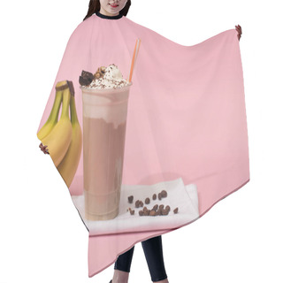 Personality  Disposable Cup Of Chocolate Milkshake With Coffee Grains On Napkins Near Bananas On Pink Hair Cutting Cape