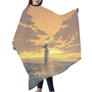 Personality  Woman Standing On The Sea With IV Pole With Blood Bag And Looking The Sunset Sky, Digital Art Style, Illustration Painting Hair Cutting Cape