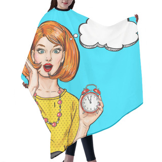 Personality  Surprised Pop Art Girl With Clock  With Thought Bubble. Party Invitation. Birthday Card. Hollywood, Movie Star. Comic Woman. Sexy Girl. Housewife, Shopping, New Year, Deadline, Sale, Wow Hair Cutting Cape