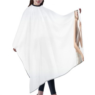 Personality  Sensual Woman With Angelic Face And Glowing Aura Posing On White Backdrop, Banner Hair Cutting Cape