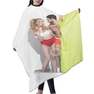 Personality  Shocked Pin Up Woman And Bearded Man Looking At Each Other Near Shower Curtain On White Hair Cutting Cape