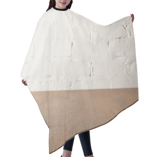 Personality  Brown Wooden Tabletop And White Wall With Bricks Hair Cutting Cape