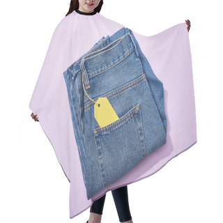 Personality  Top View Of Jeans With Yellow Paper Sale Tag On Rope On Violet Background Hair Cutting Cape