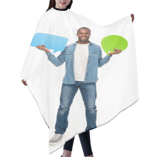 Personality  Man Holding Speech Bubbles Hair Cutting Cape