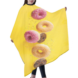 Personality  Various Decorated Doughnuts With Sprinkles In Motion Falling On Yelloy Background Hair Cutting Cape