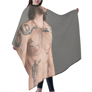 Personality  Cropped View Of Bearded And Tattooed Man On Torso Isolated On Grey  Hair Cutting Cape