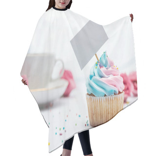 Personality  Selective Focus Of Delicious Cupcake Decorated With Sprinkles And Blank Card Hair Cutting Cape