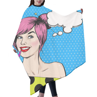 Personality  Fashion Pop Art Illustration Girl With Pen In The Hand With Speech Bubble. Student Girl. Youth. Young Student At The Lesson. Young Girl With Thought Bubble. Youth Style Poster. Pop Art Girl. Hair Cutting Cape