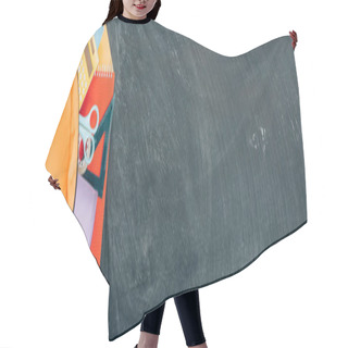Personality  Horizontal Image Of Backpack With Multicolored School Supplies On Black Chalkboard, Top View Hair Cutting Cape