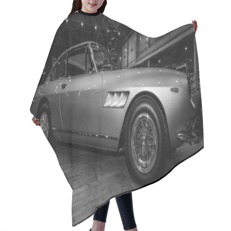 Personality  The Sports Car Ferrari 330 GT 2 Plus 2 Series II. Black And White. Hair Cutting Cape