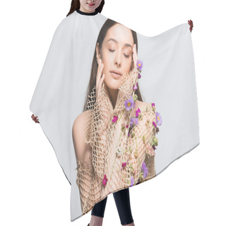Personality  Beautiful Woman With Closed Eyes In Mesh Beige Clothing With Purple Flowers Touching Face Isolated On Grey With Copy Space Hair Cutting Cape
