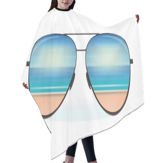 Personality  Sea And The Beach Are Reflected In Sunglasses. Summer Design. Vector Illustration Isolated On White Hair Cutting Cape