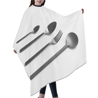 Personality  Close Up Image Of Arranged Salad Spoon, Fork And Spoons On White Table Hair Cutting Cape