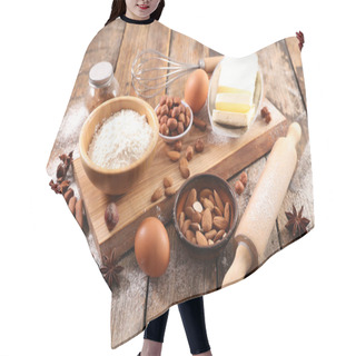 Personality  Assorted Baking Ingredients And Kitchen Items On Wooden Table Hair Cutting Cape