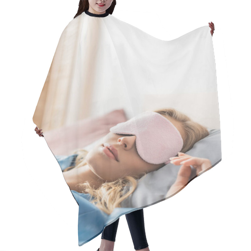Personality  Blonde Woman In Pink Sleeping Mask And Blue Pajama Resting In Bed  Hair Cutting Cape