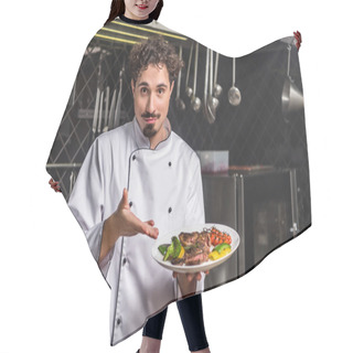 Personality  Handsome Chef Showing Cooked Vegetables With Meat On Plate Hair Cutting Cape