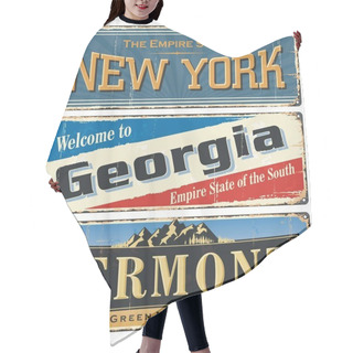Personality  USA State.Vintage Tin Sign Collection With America State. All States. Retro Souvenirs Or Old Paper Postcard Templates On Rust Background. States Of America. New York. Georgia. Vermont. Hair Cutting Cape