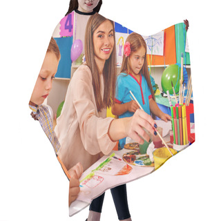 Personality  Children With Teacher Painting On Paper Hair Cutting Cape