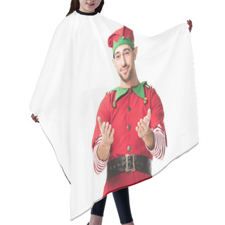 Personality  Smiling Man In Christmas Elf Costume With Outstretched Hands Gesture Isolated On White Hair Cutting Cape