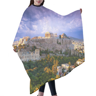 Personality  View Of Parthenon Temple And Odeon Of Herodes Atticus On Acropolis Hill At Sunset, Athens, Greece Hair Cutting Cape