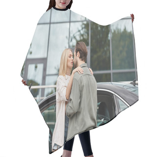 Personality  Seductive Blonde Woman And Trendy Bearded Man In Stylish Casual Clothes Embracing Near Car Hair Cutting Cape