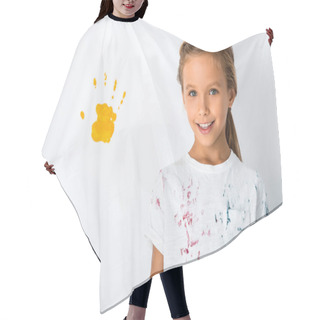Personality  Happy Kid Smiling Near Yellow Hand Print On White  Hair Cutting Cape