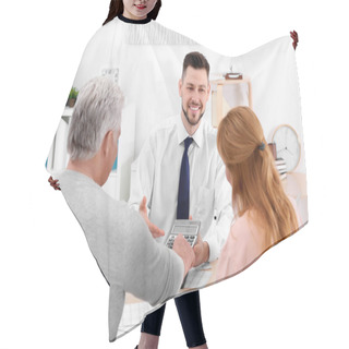 Personality  Insurance Agent Showing Calculator  Hair Cutting Cape